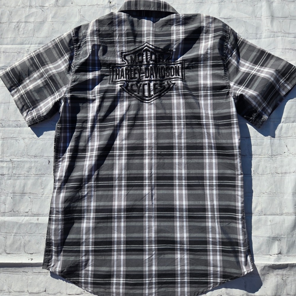 Harley-Davidson Mens Grey Plaid Short Sleeve Button Up Shirt Embroidered Logo M